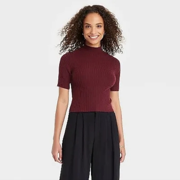 2pc Women's Mock Turtleneck Ribbed Sweater - A New Day Burgundy & Pink - Picture 2 of 6